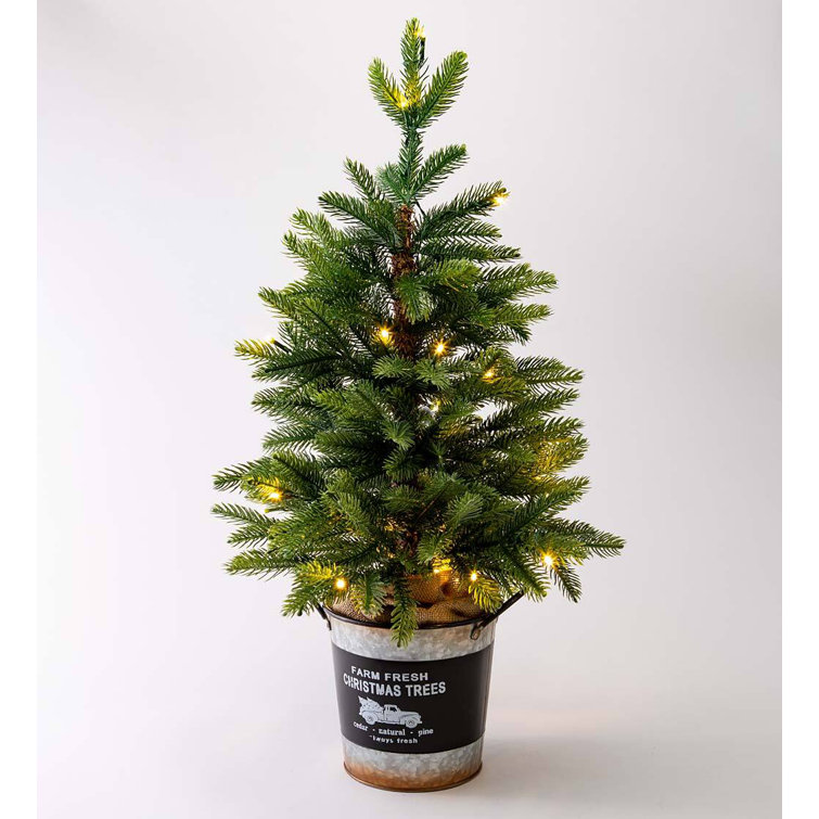 Plow & Hearth Lighted Tabletop Christmas Tree In Galvanized Bucket